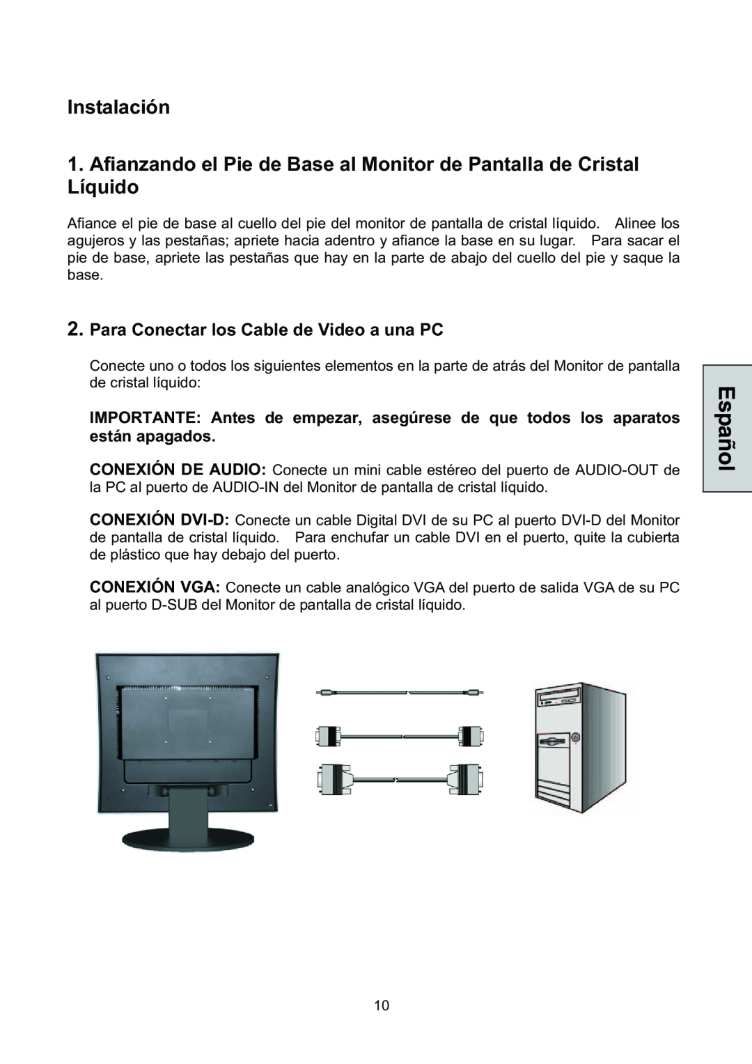 Westinghouse L1928NV manual Instalación, Para Conectar los Cable de Video a una PC 