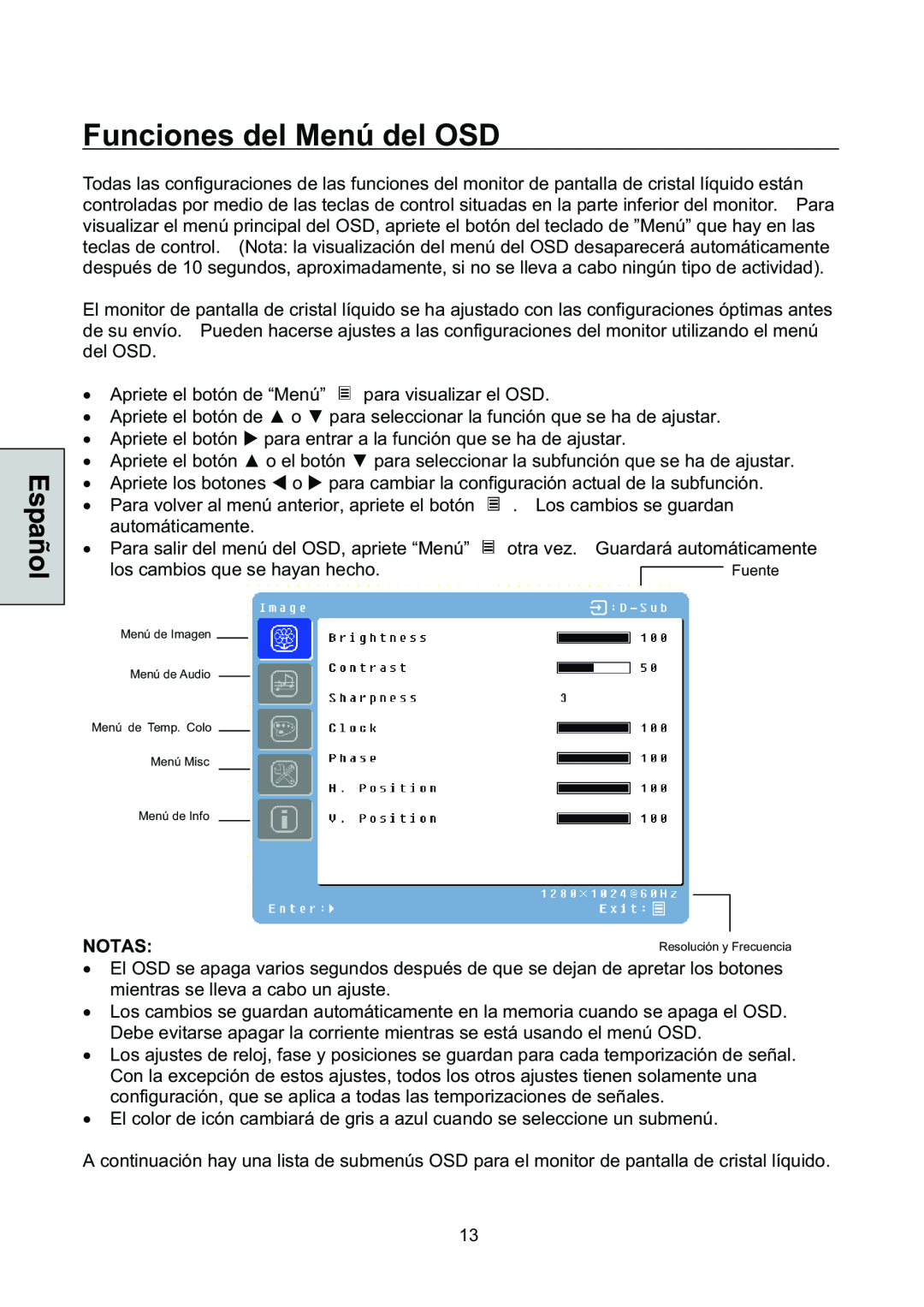 Westinghouse L1928NV manual Funciones del Menú del OSD, Notas 