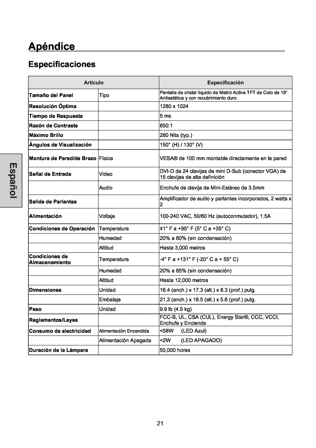 Westinghouse L1928NV manual Apéndice, Especificaciones 