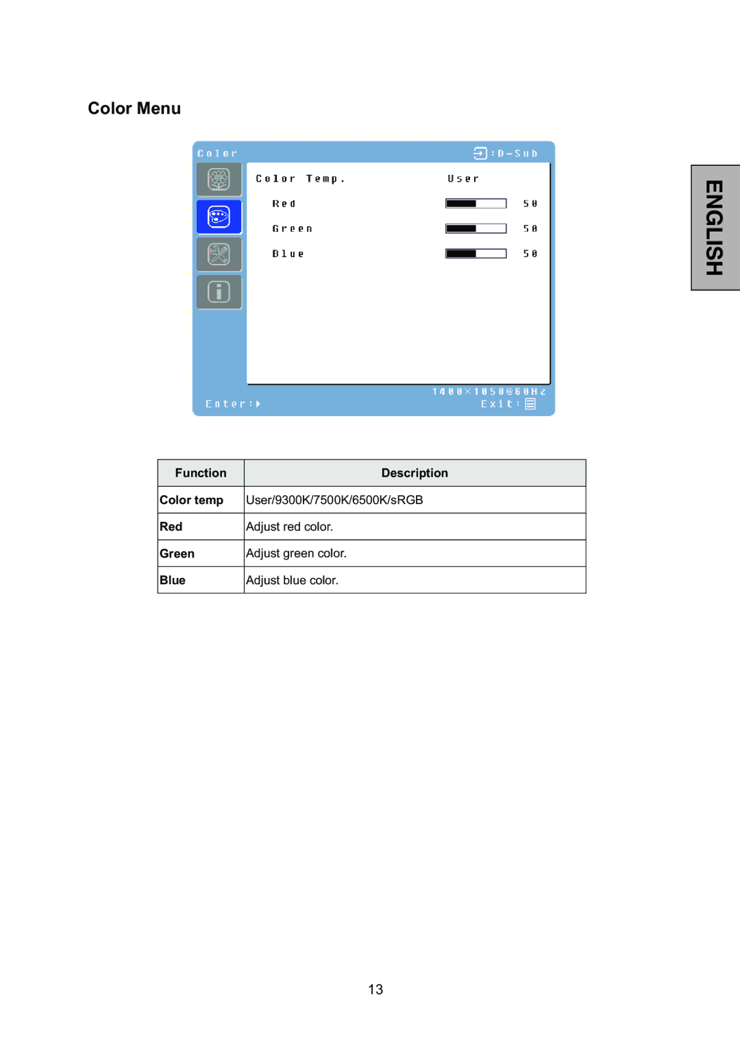 Westinghouse L2046NV manual Color Menu 