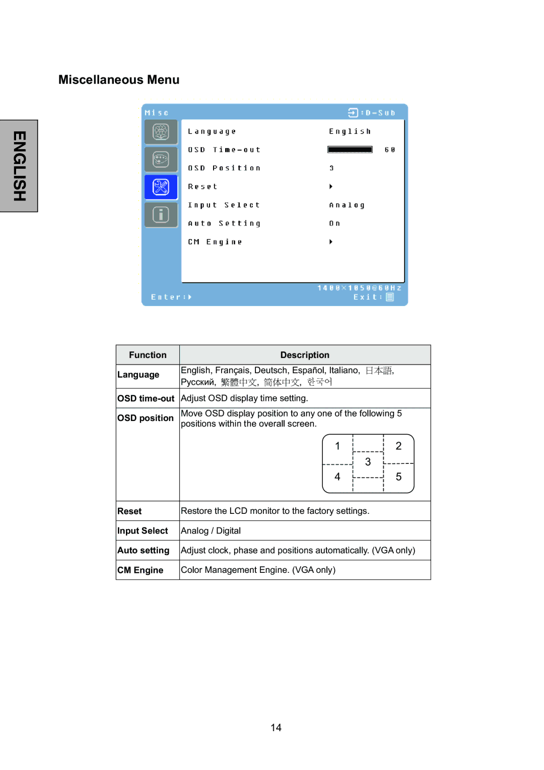 Westinghouse L2046NV manual Miscellaneous Menu, Function Description Language 