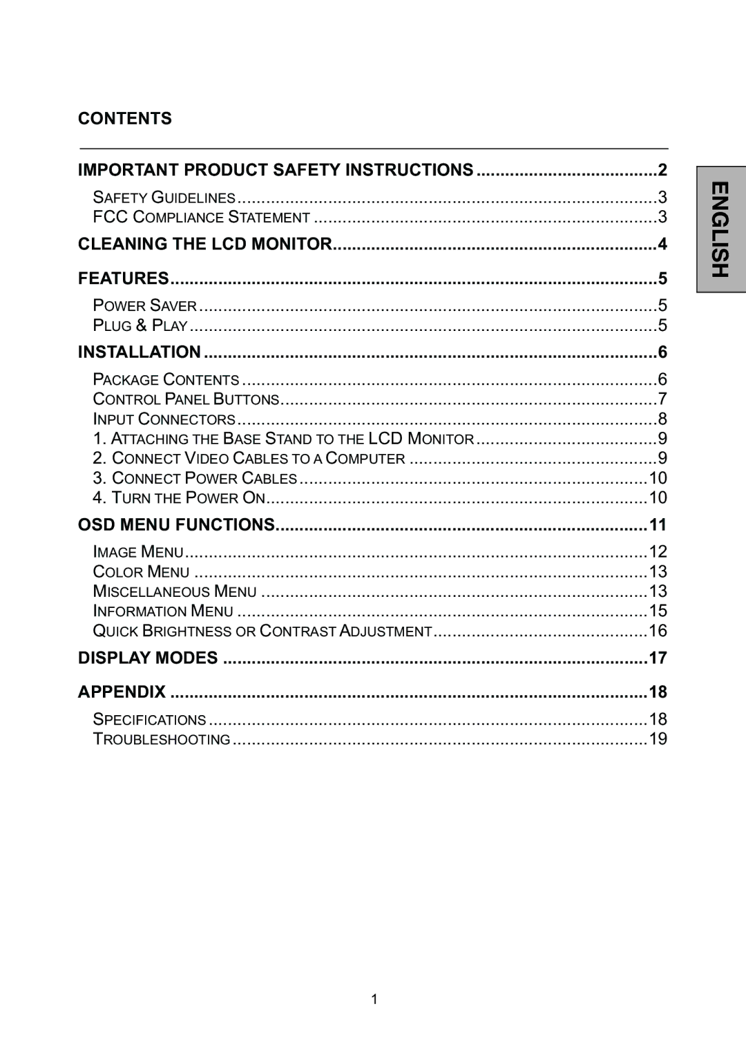 Westinghouse L2046NV manual Contents Important Product Safety Instructions 