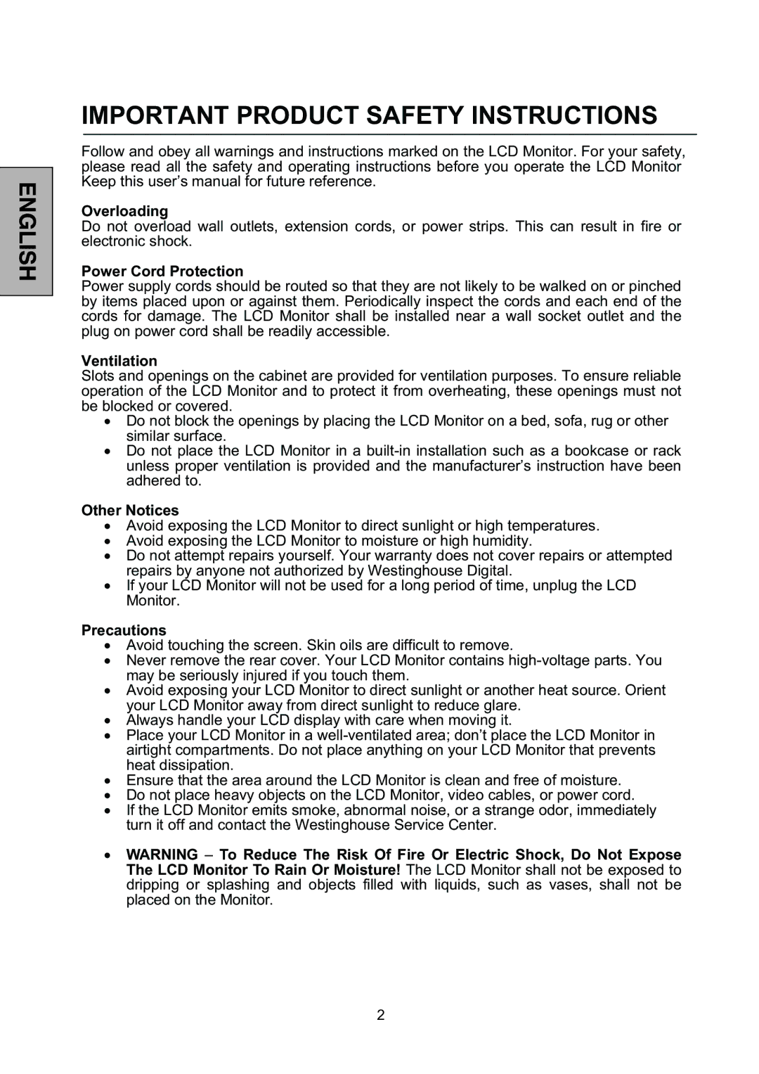 Westinghouse L2046NV manual Important Product Safety Instructions 