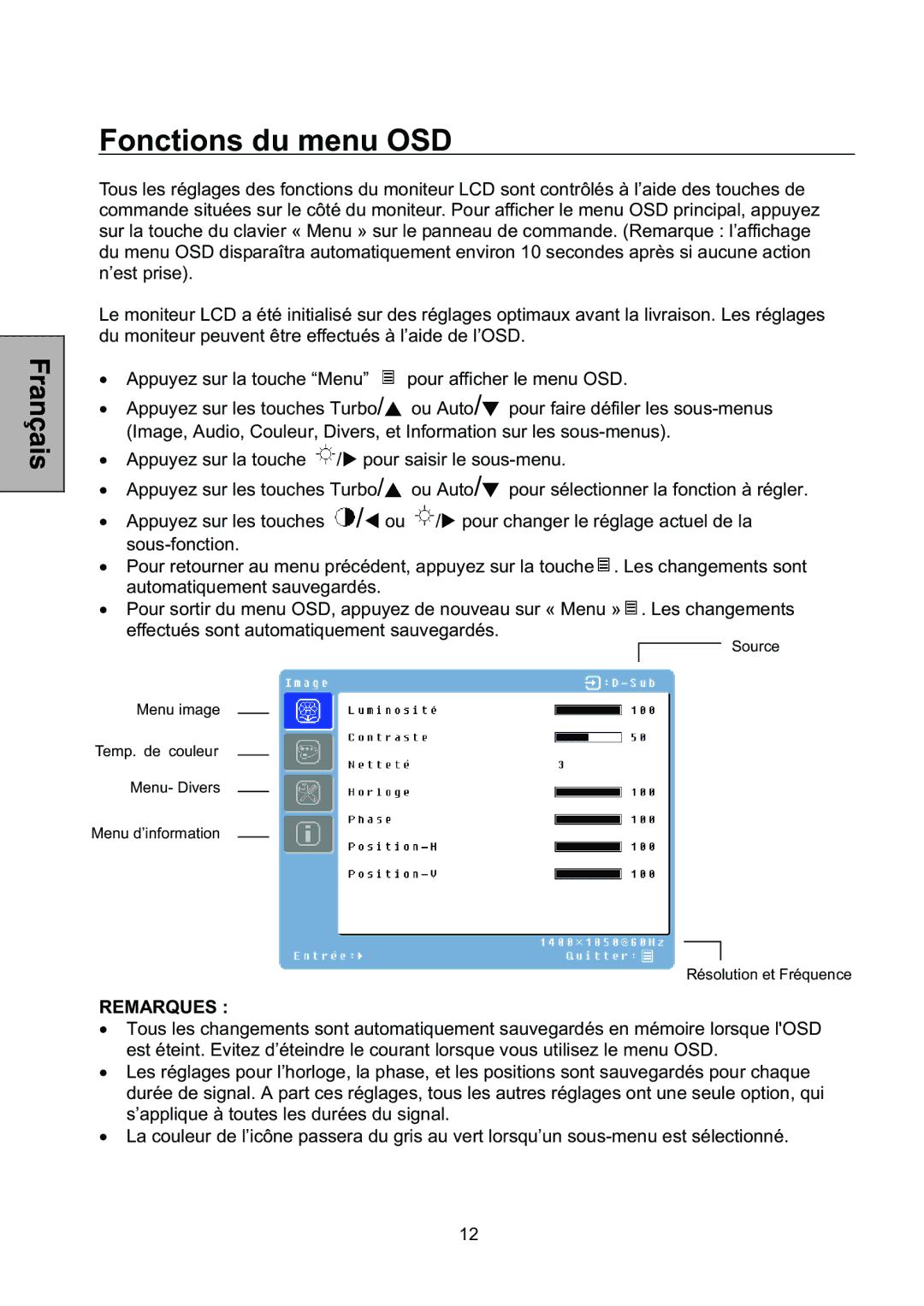 Westinghouse L2046NV manual Fonctions du menu OSD, Remarques 