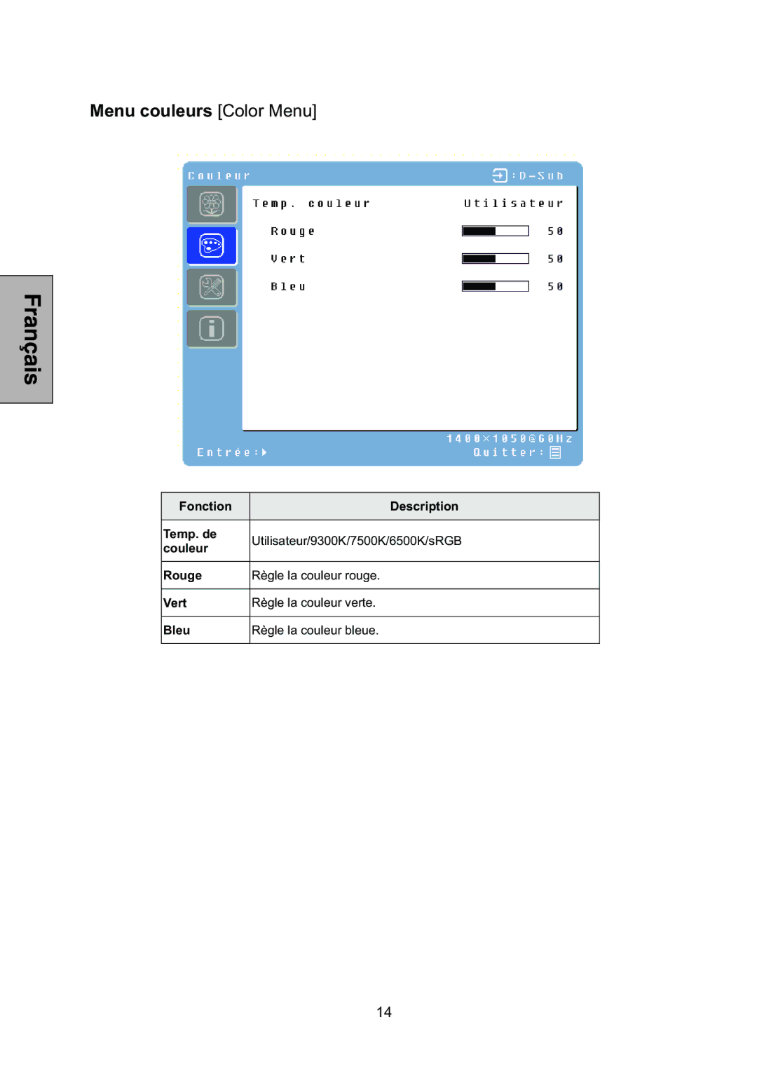 Westinghouse L2046NV manual Menu couleurs Color Menu 