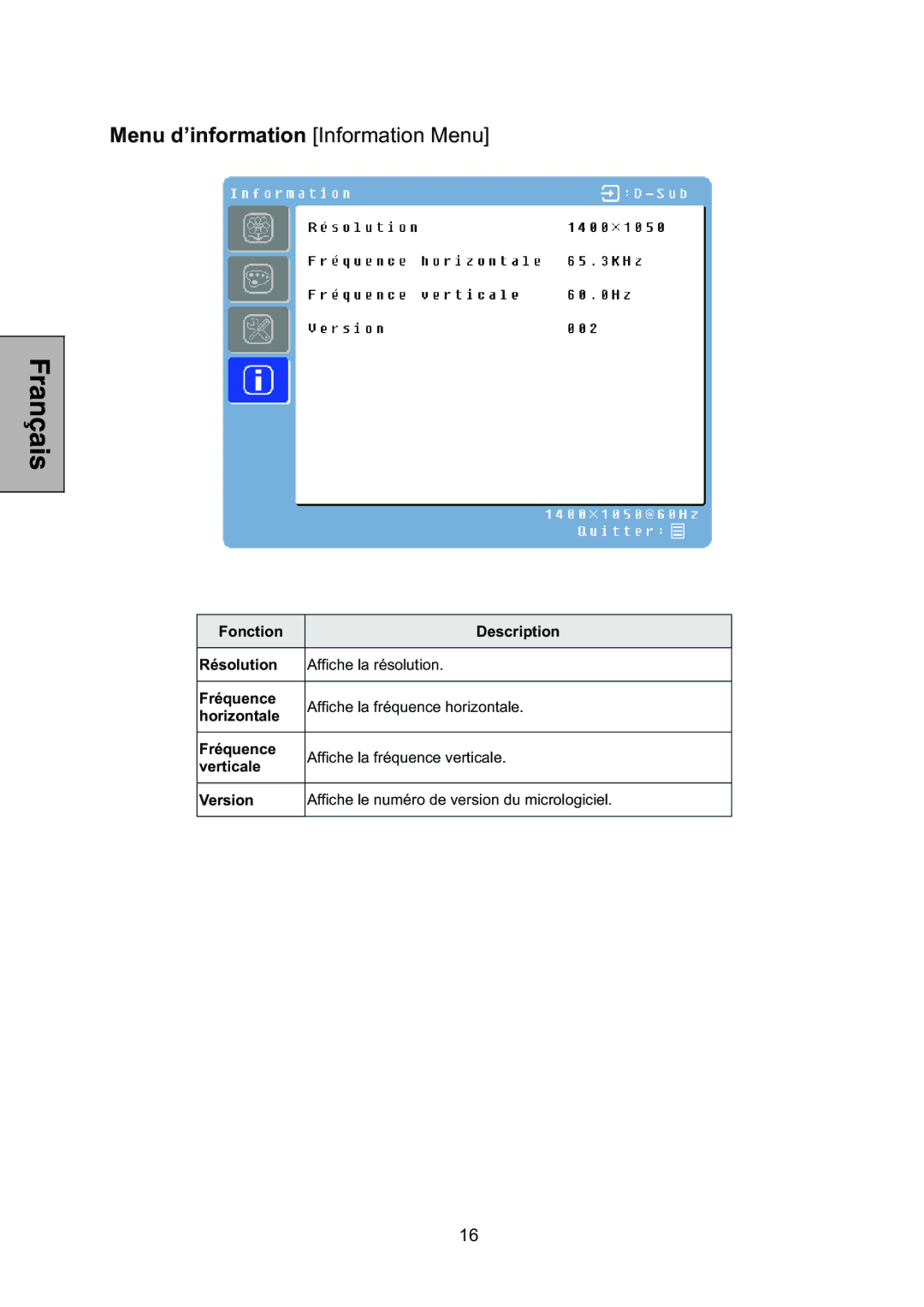 Westinghouse L2046NV manual Menu d’information Information Menu 