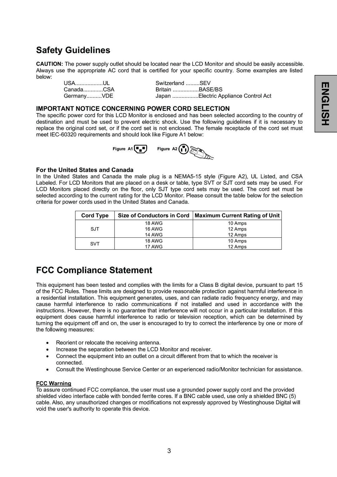 Westinghouse L2046NV manual Safety Guidelines, FCC Compliance Statement 