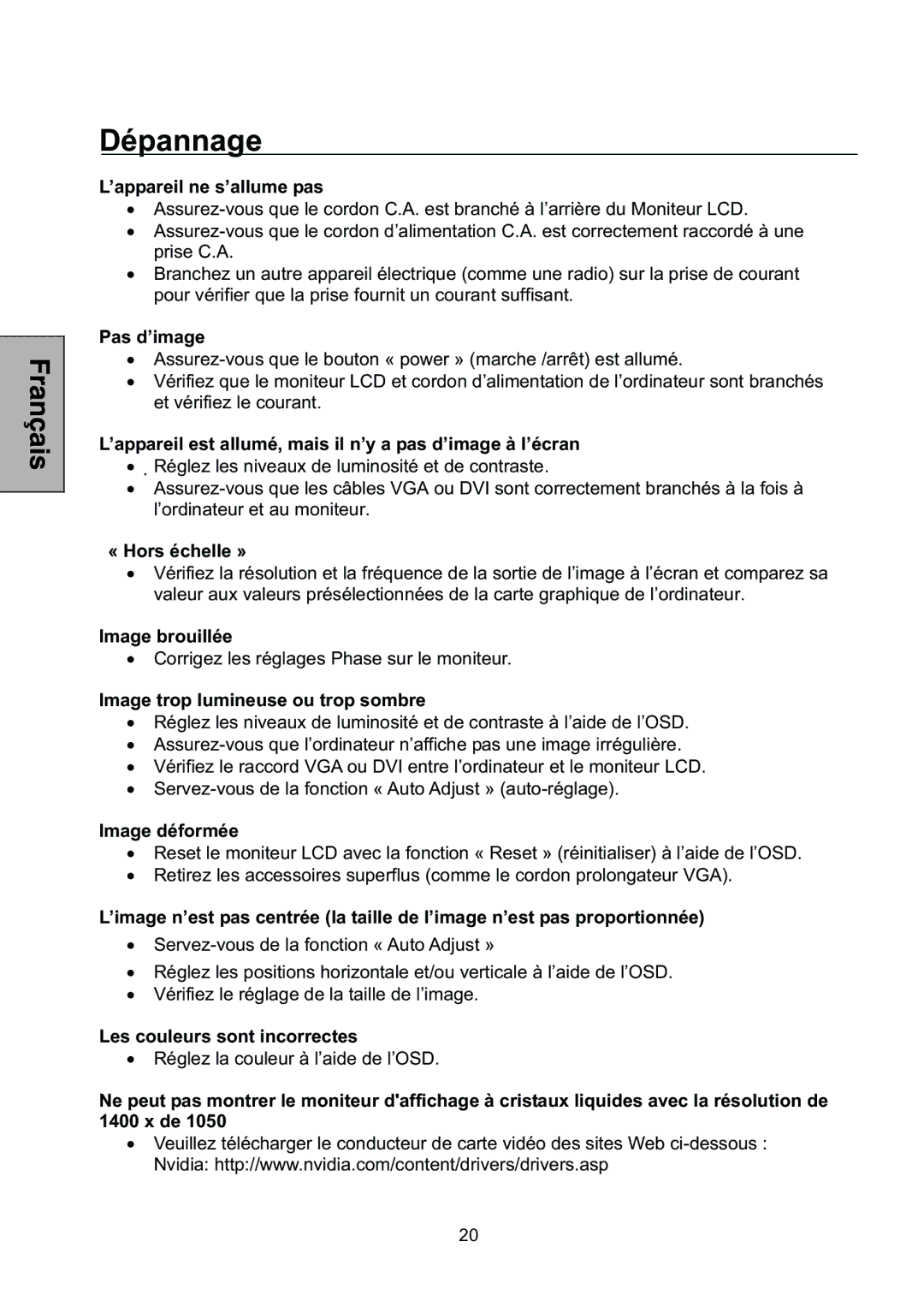 Westinghouse L2046NV manual Dépannage 