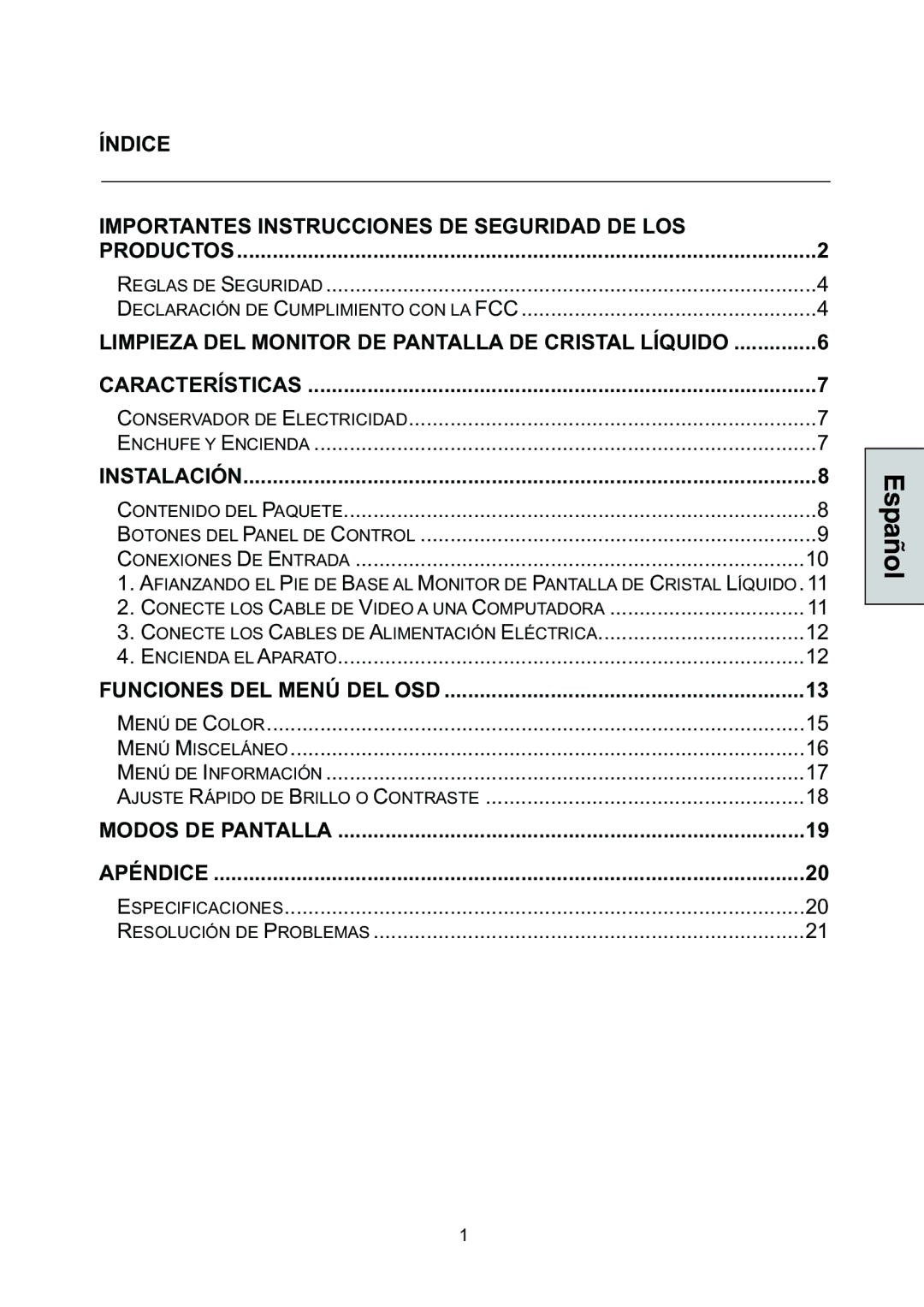 Westinghouse L2046NV manual Índice Importantes Instrucciones DE Seguridad DE LOS 