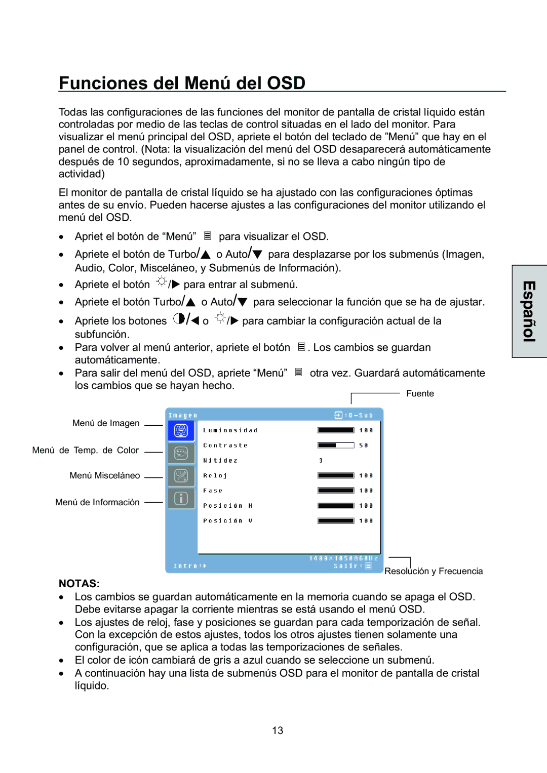 Westinghouse L2046NV manual Funciones del Menú del OSD, Notas 