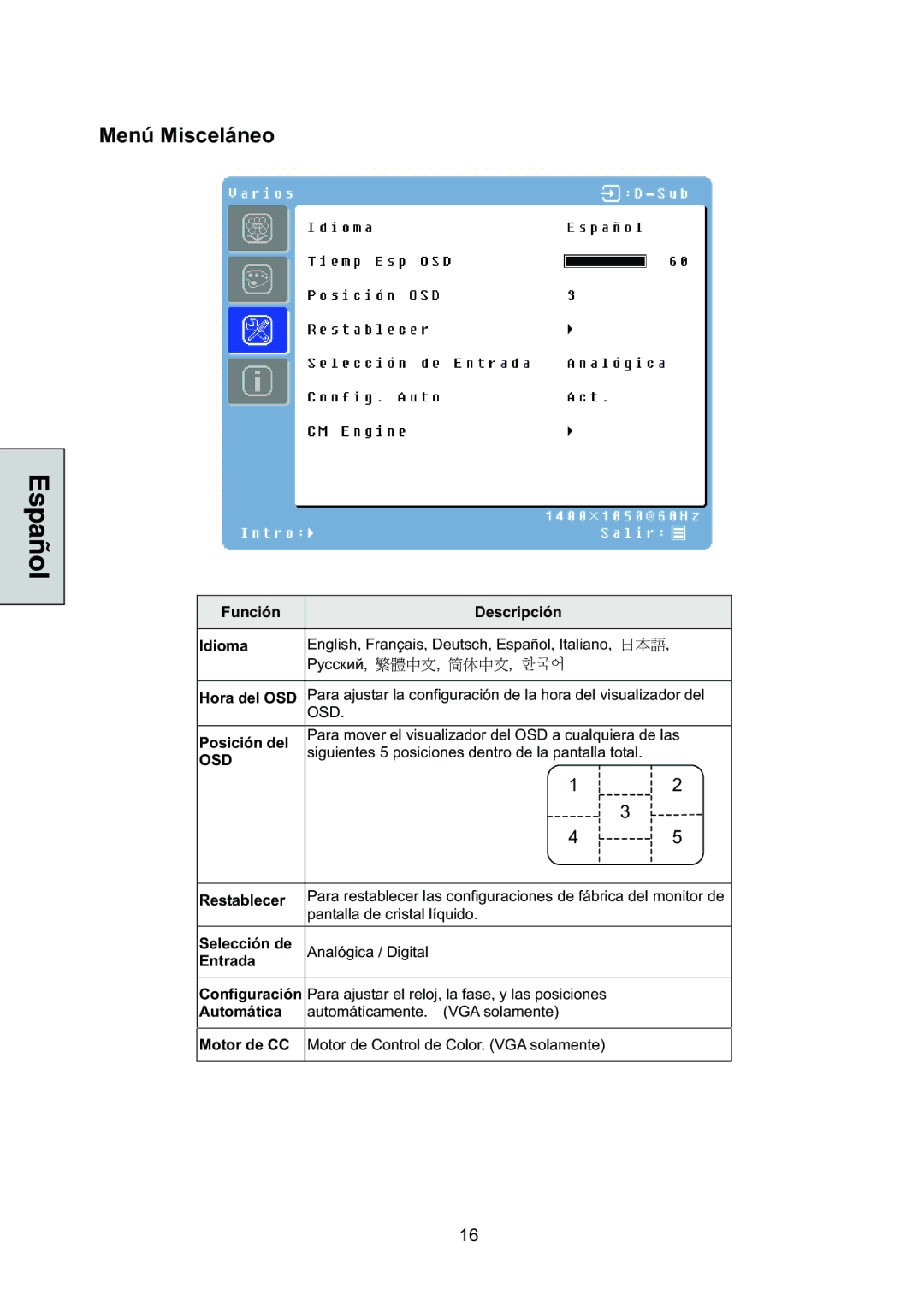 Westinghouse L2046NV manual Menú Misceláneo 