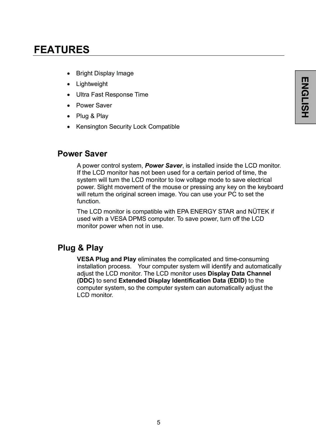 Westinghouse L2046NV manual Features, Power Saver, Plug & Play 