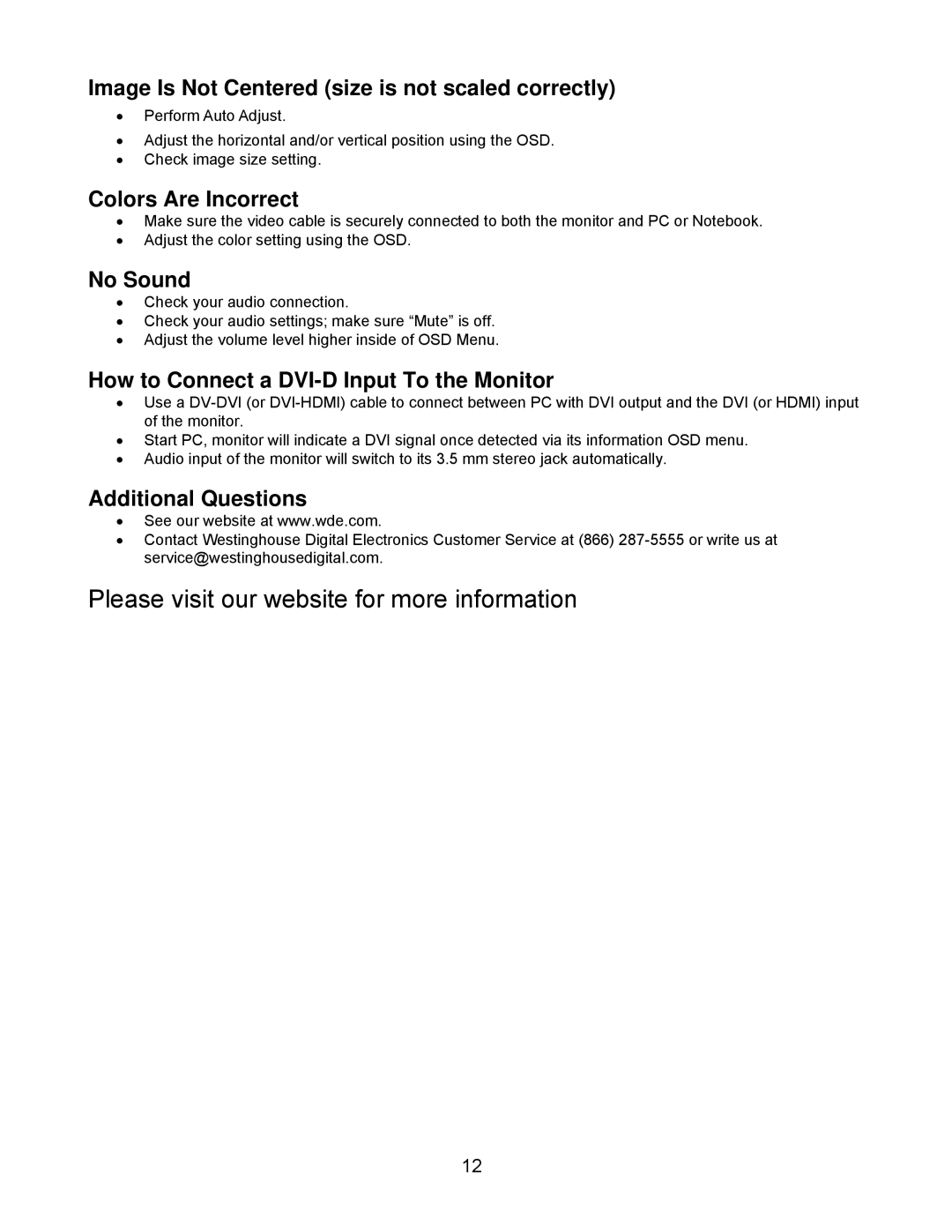 Westinghouse L2210NW user manual Image Is Not Centered size is not scaled correctly, Colors Are Incorrect, No Sound 