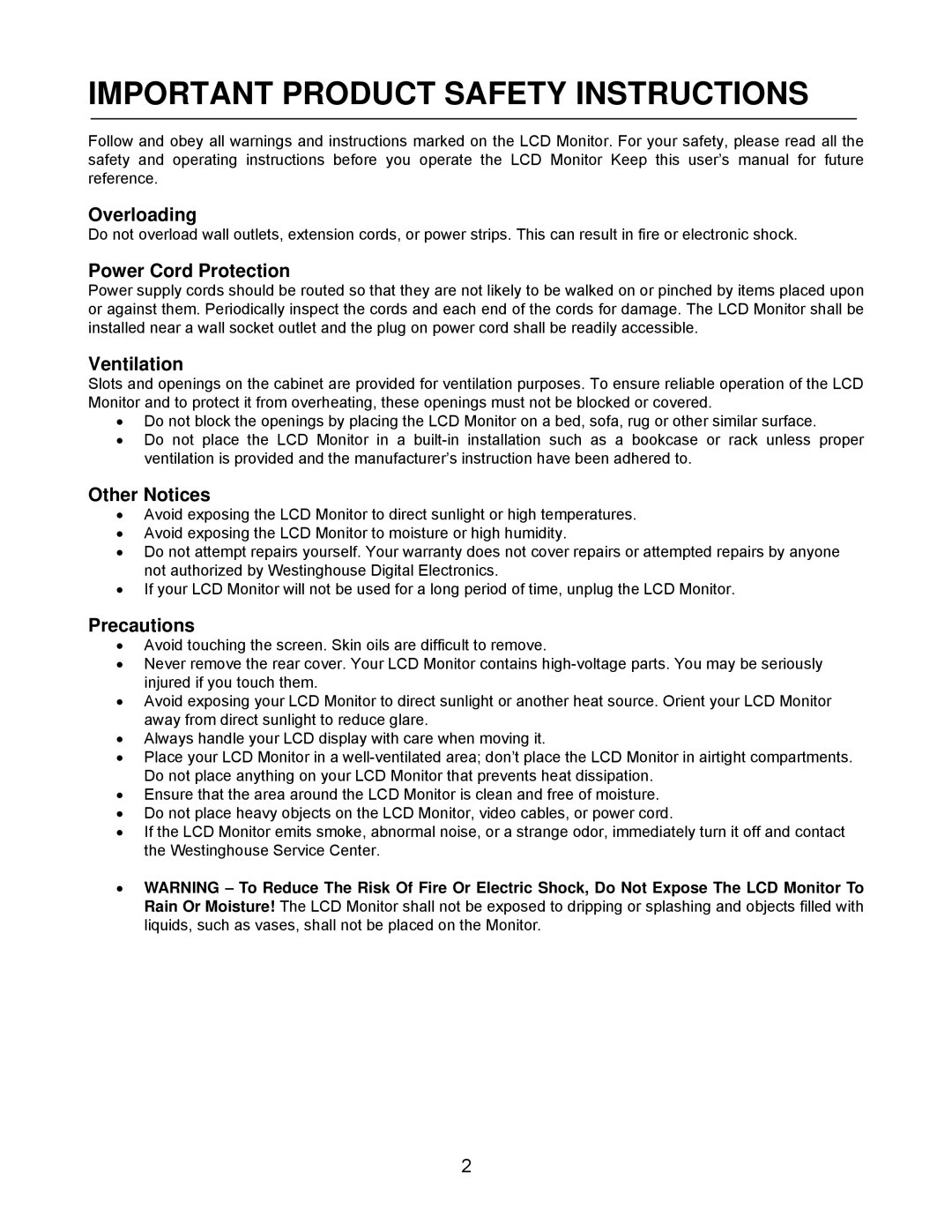 Westinghouse L2270NW user manual Important Product Safety Instructions 