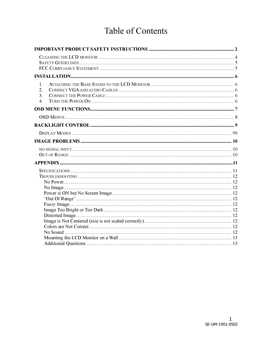 Westinghouse LCM - 19v1 manual Table of Contents 