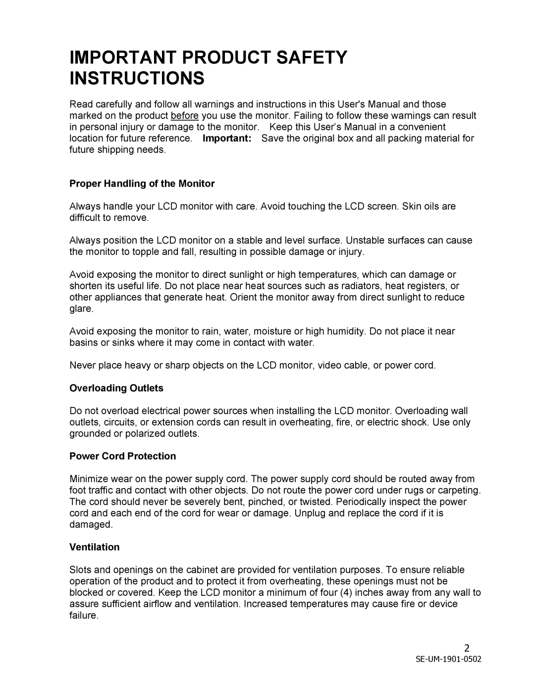 Westinghouse LCM - 19v1 manual Proper Handling of the Monitor, Overloading Outlets, Power Cord Protection, Ventilation 