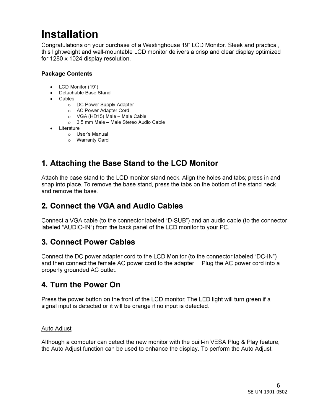 Westinghouse LCM - 19v1 manual Installation, Attaching the Base Stand to the LCD Monitor, Connect the VGA and Audio Cables 