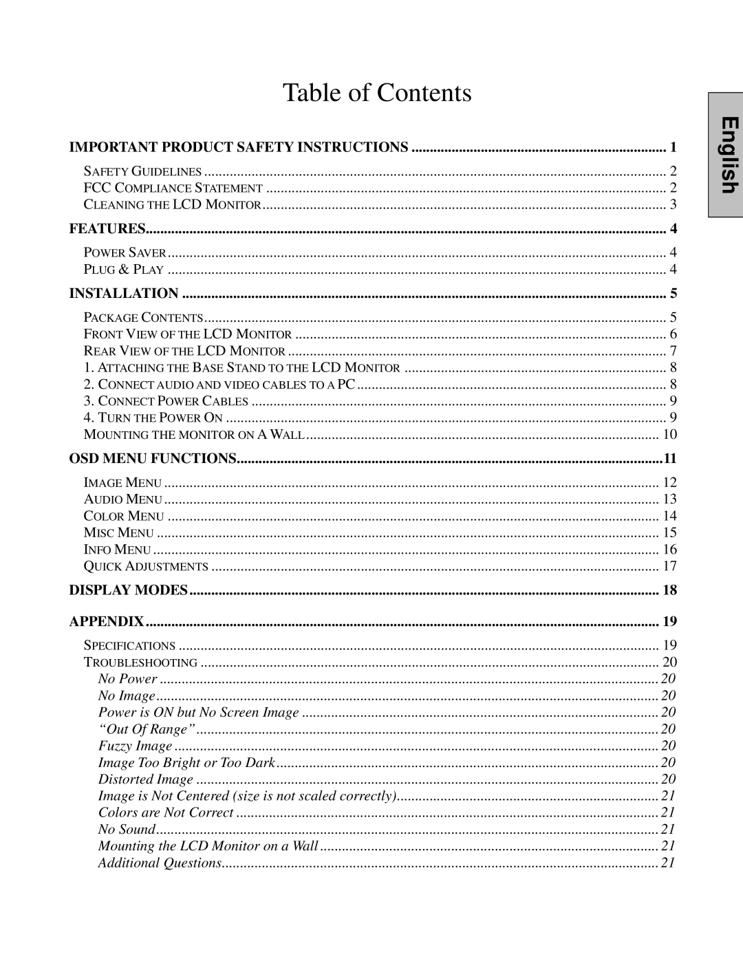 Westinghouse LCM - 19v5 manual Table of Contents 