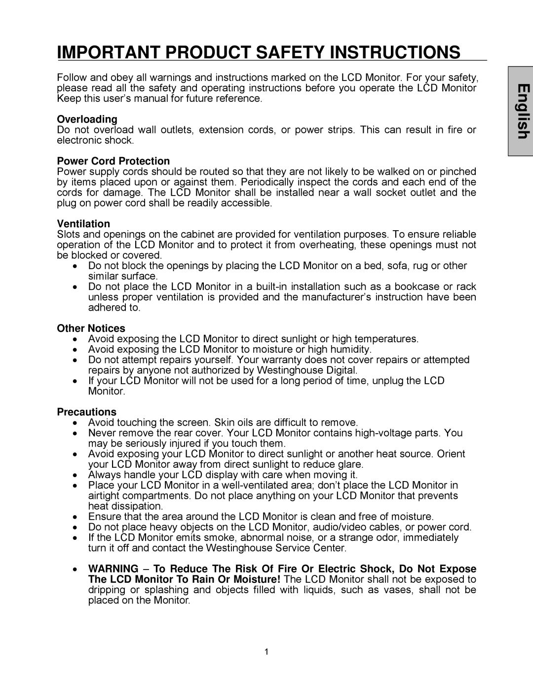 Westinghouse LCM - 19v5 manual Overloading, Power Cord Protection, Ventilation, Other Notices, Precautions 