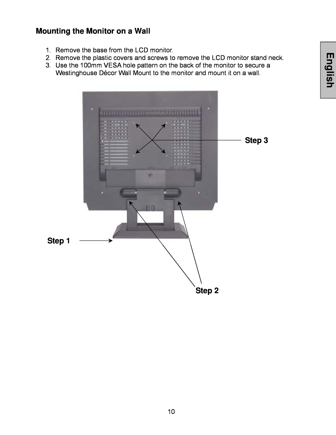Westinghouse LCM - 19v5 manual Mounting the Monitor on a Wall, Step Step Step, English 