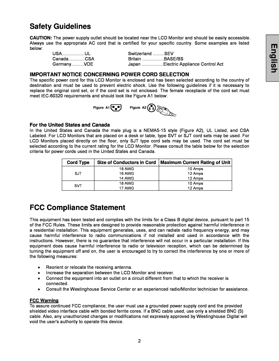 Westinghouse LCM - 19v5 manual Safety Guidelines, FCC Compliance Statement, English, For the United States and Canada 