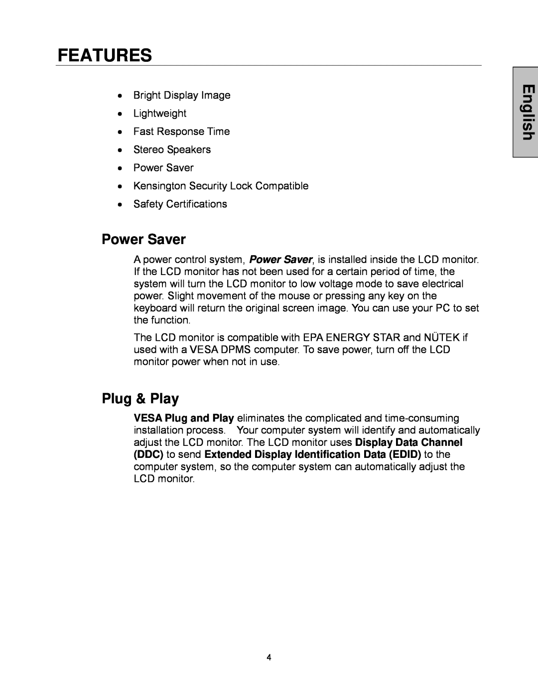 Westinghouse LCM - 19v5 manual Features, Power Saver, Plug & Play, English 