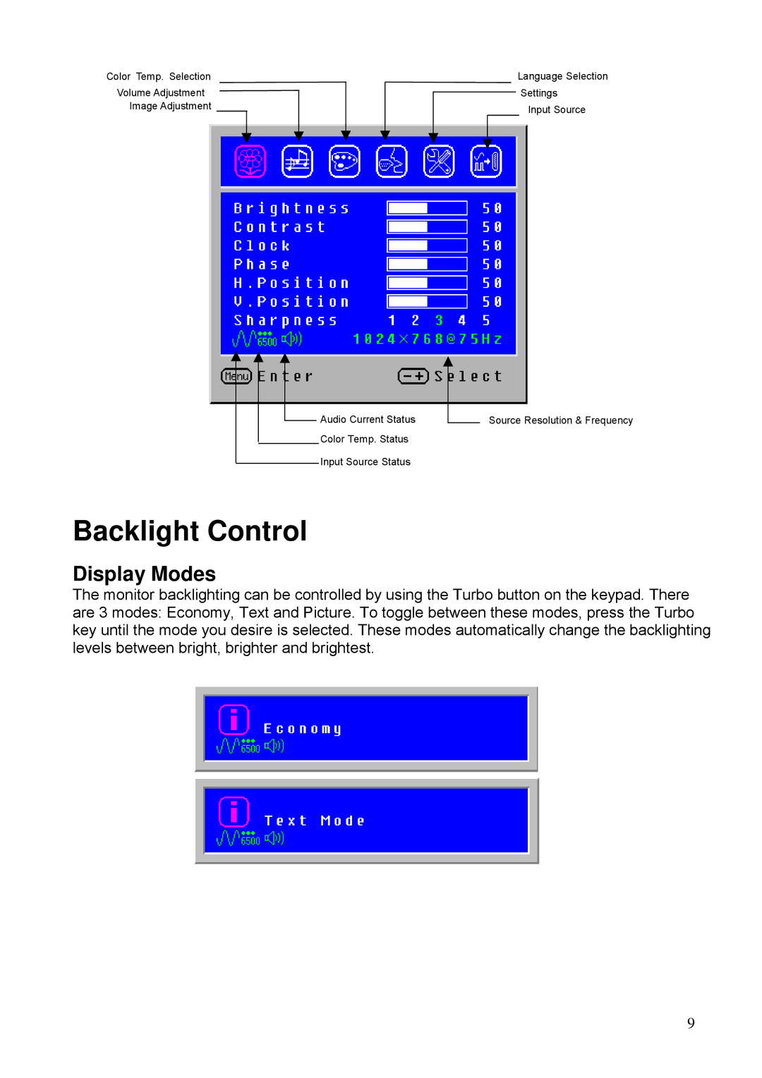 Westinghouse LCM-15V5 manual Backlight Control, Display Modes 