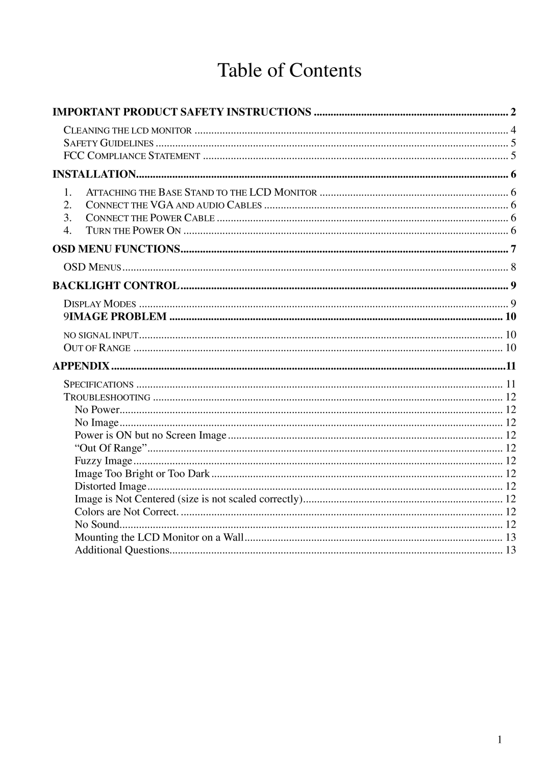 Westinghouse LCM-15V5 manual Table of Contents 