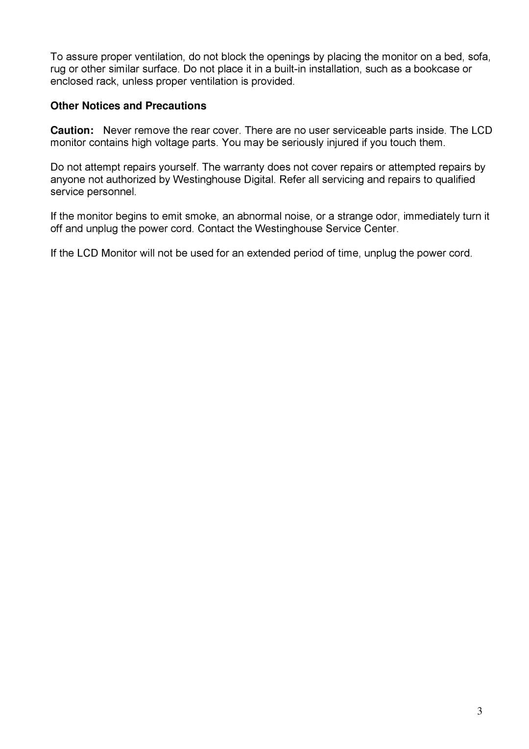 Westinghouse LCM-15V5 manual Other Notices and Precautions 