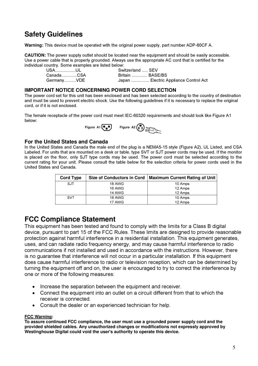 Westinghouse LCM-15V5 manual Safety Guidelines, FCC Compliance Statement, For the United States and Canada 