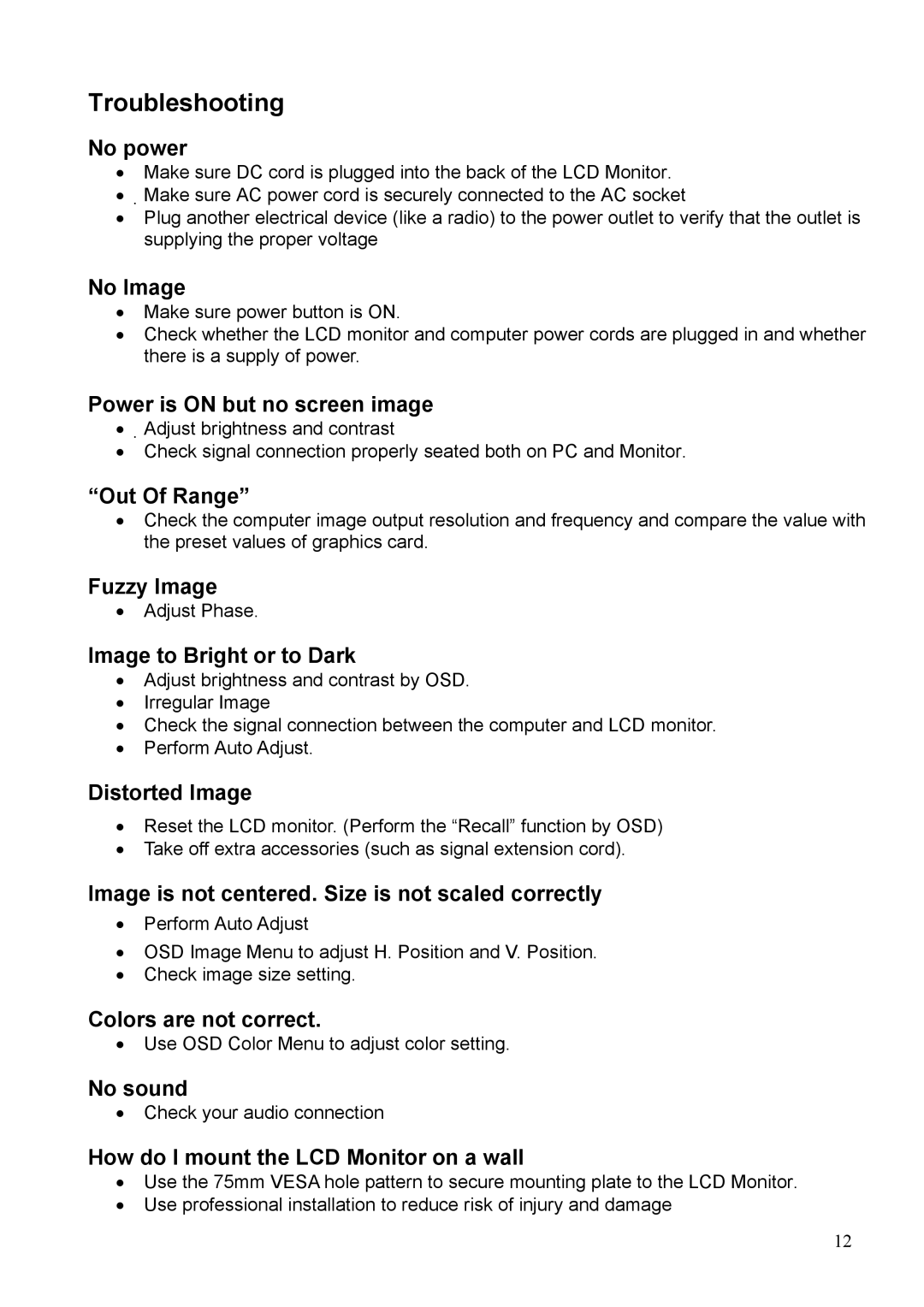 Westinghouse LCM-17v2 manual Troubleshooting, No power 