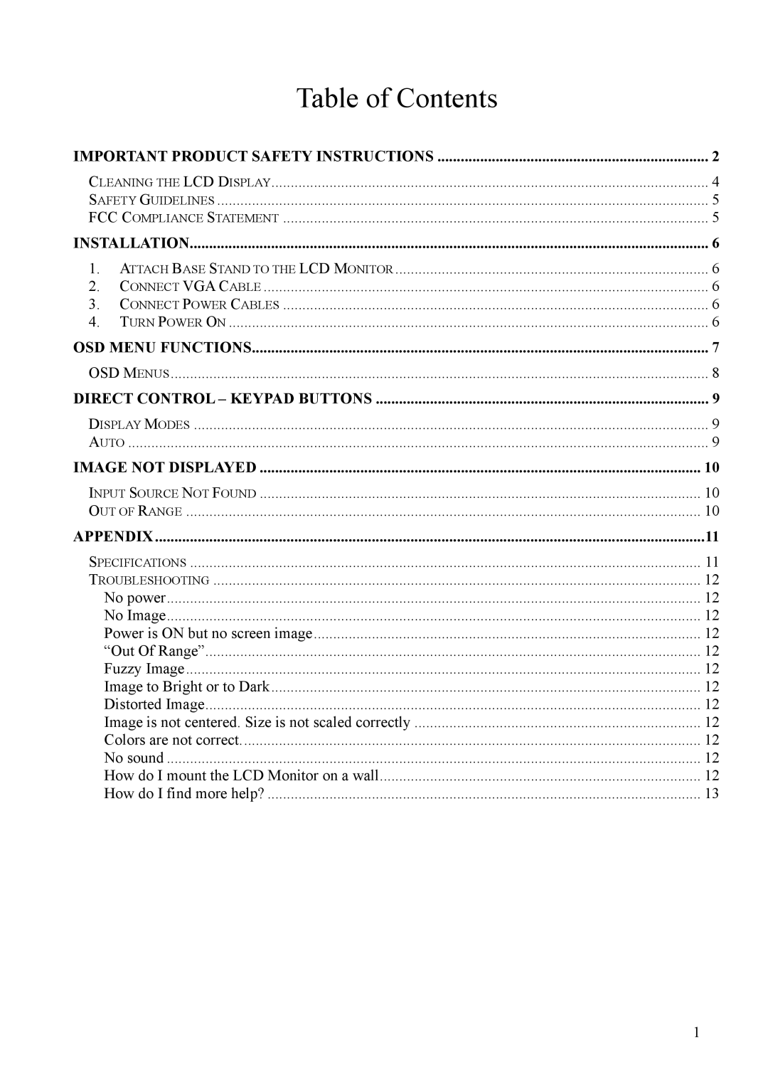 Westinghouse LCM-17v2 manual Table of Contents 