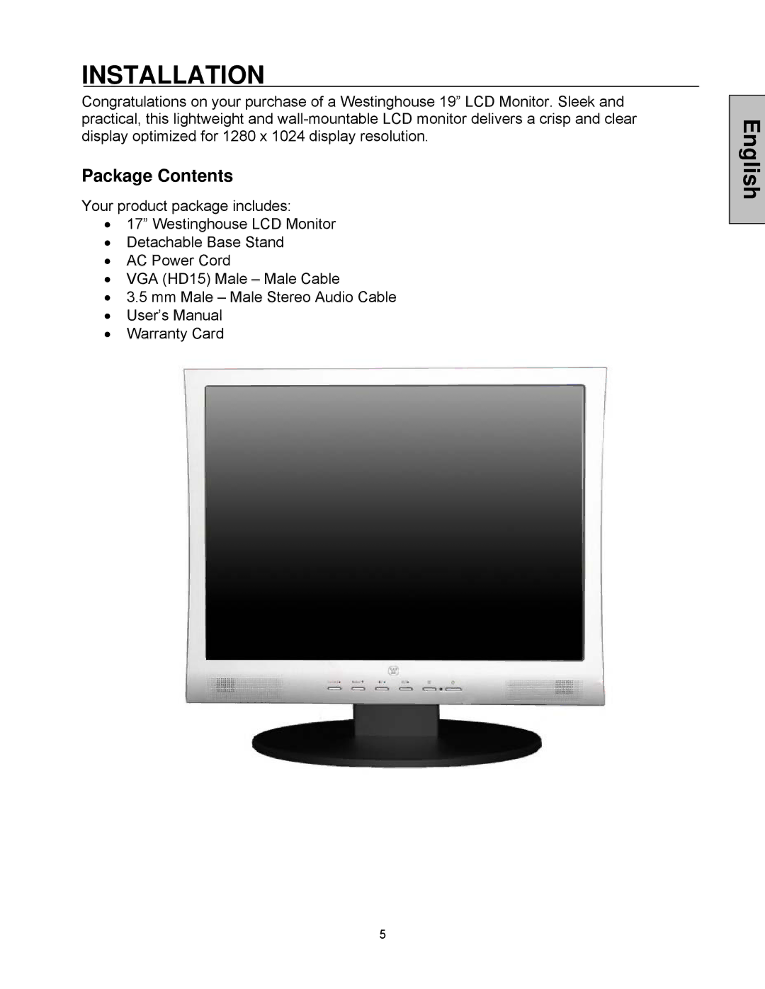 Westinghouse LCM-17V8 user manual Installation, Package Contents 