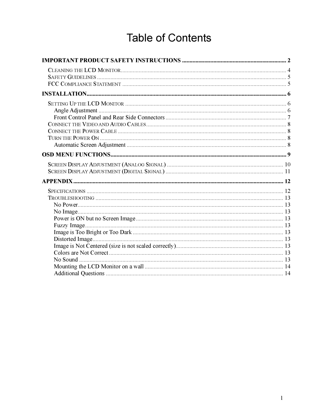 Westinghouse LCM-17W7 user manual Table of Contents 