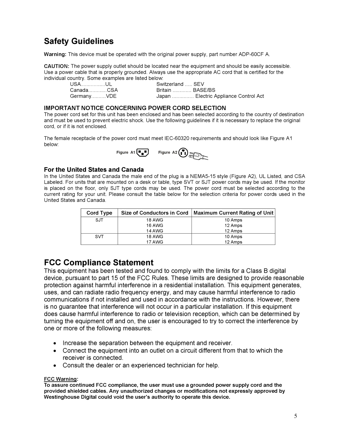 Westinghouse LCM-17W7 user manual Safety Guidelines, FCC Compliance Statement, For the United States and Canada 