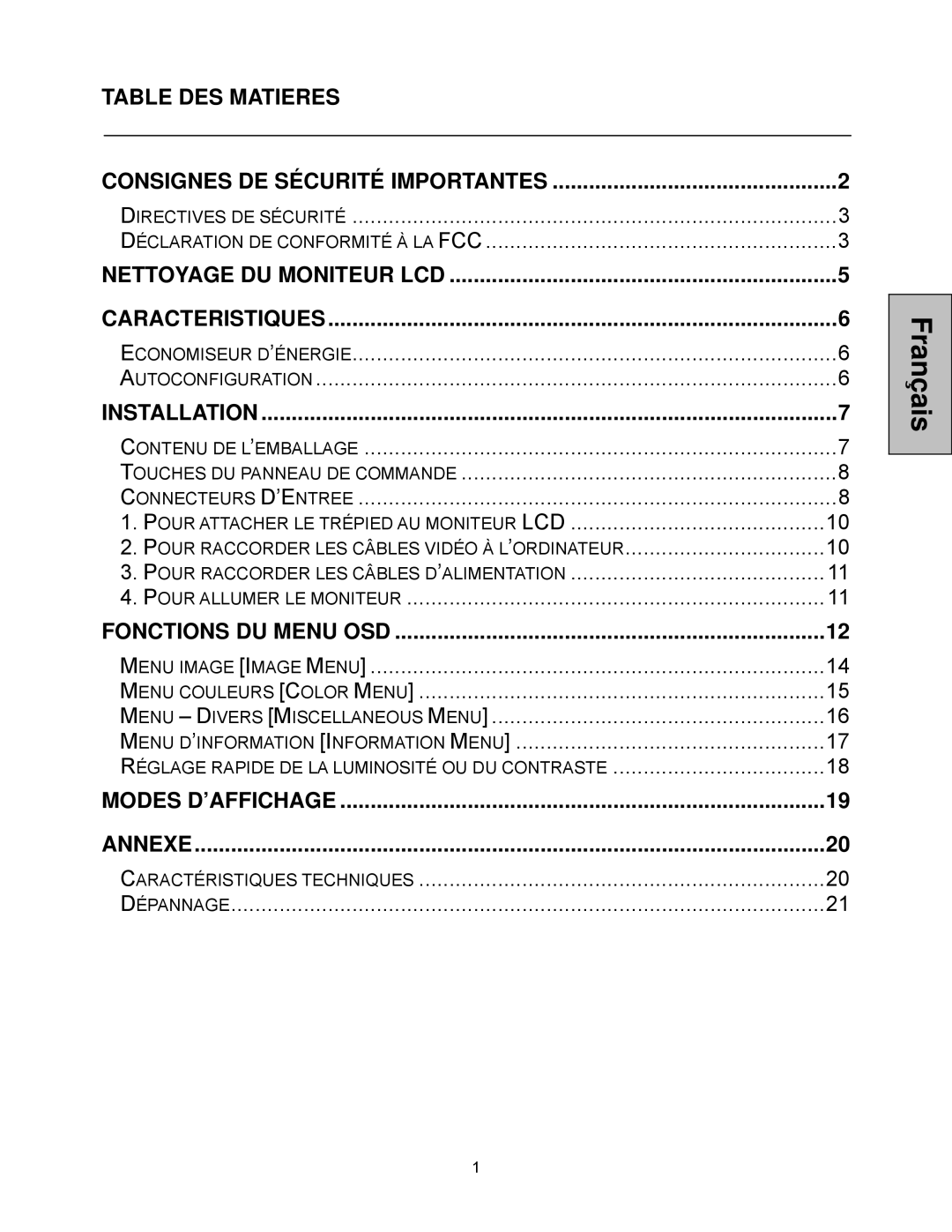 Westinghouse LCM-20v5 user manual Français 