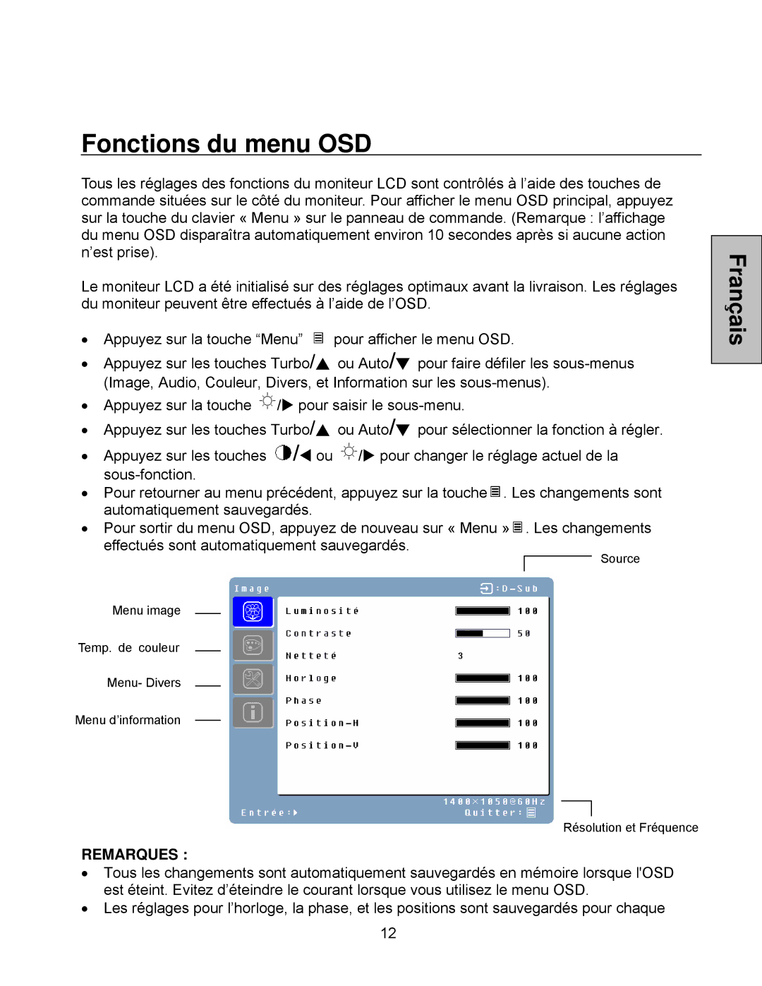 Westinghouse LCM-20v5 user manual Fonctions du menu OSD, Remarques 