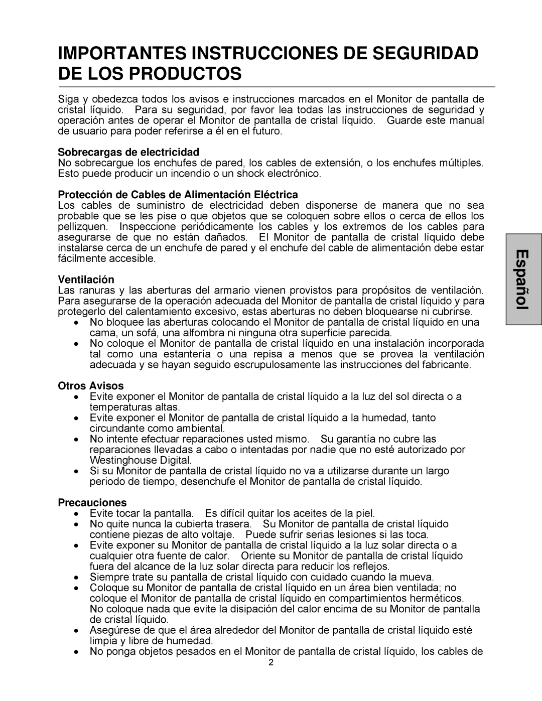 Westinghouse LCM-20v5 user manual Importantes Instrucciones DE Seguridad DE LOS Productos 