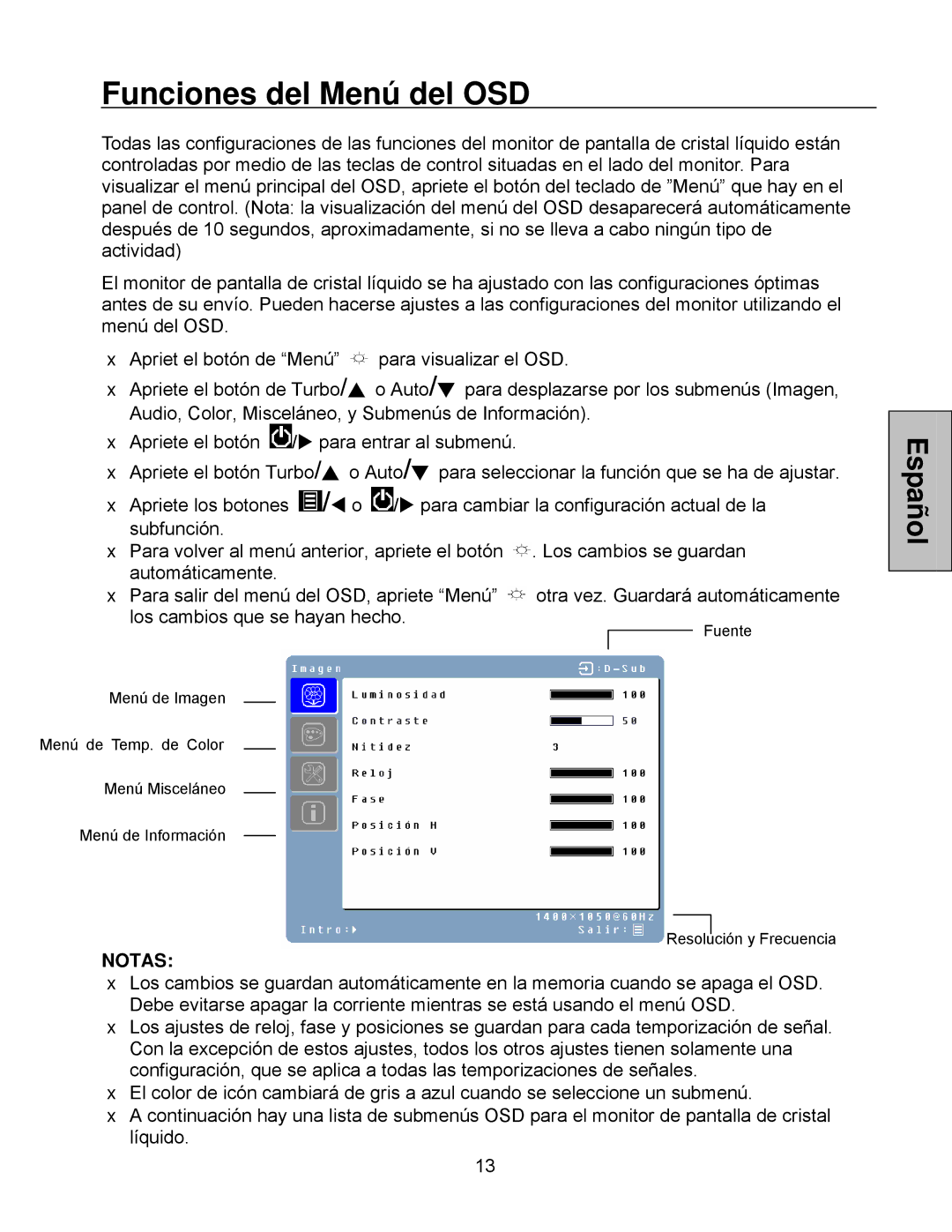 Westinghouse LCM-20v5 user manual Funciones del Menú del OSD, Notas 