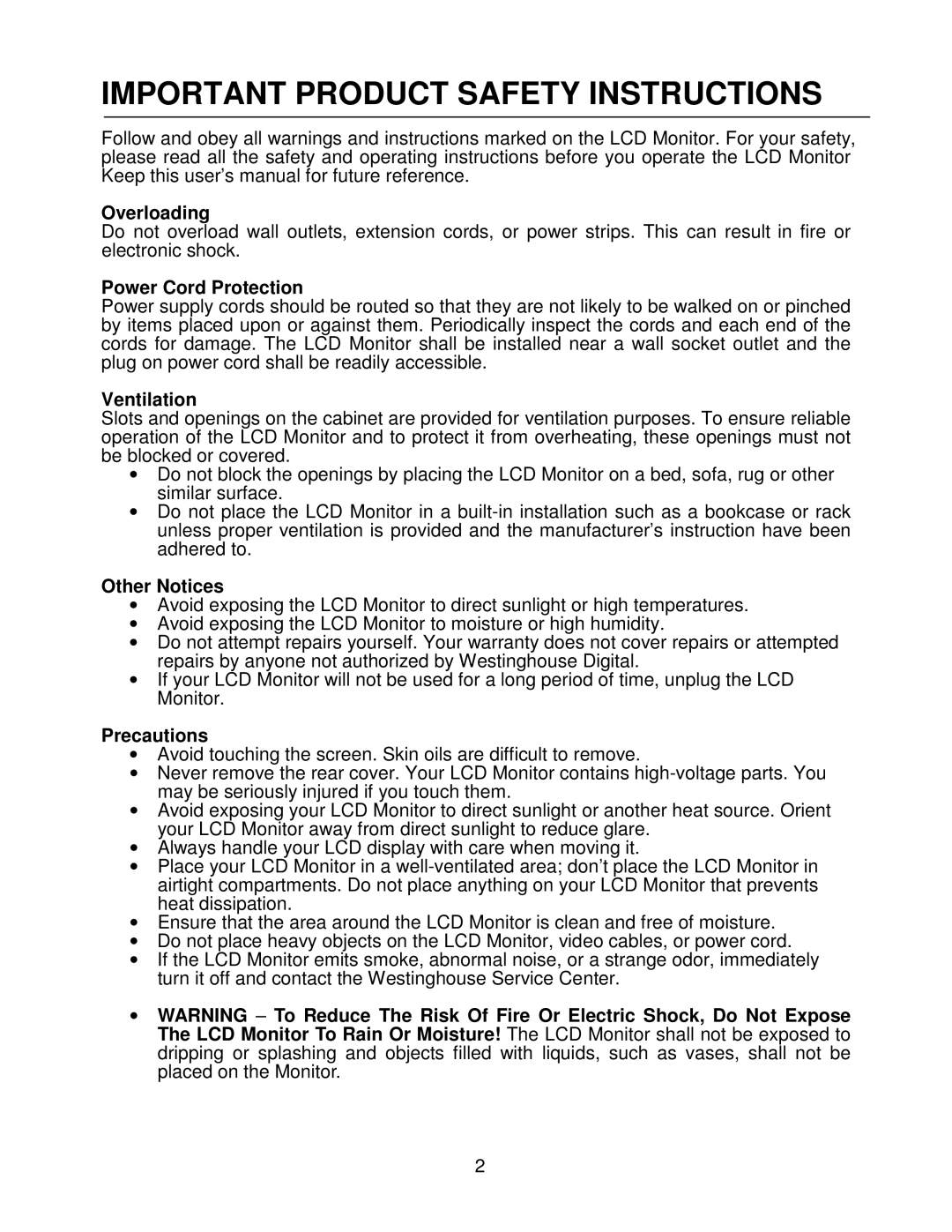 Westinghouse LCM-22W2 user manual Important Product Safety Instructions 