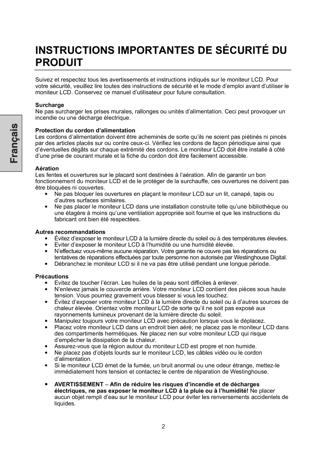 Westinghouse LCM-22W3 manual Instructions Importantes DE Sécurité DU Produit, Surcharge 