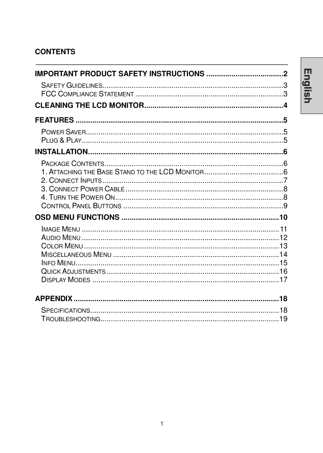 Westinghouse LCM-22W3 manual Contents Important Product Safety Instructions 