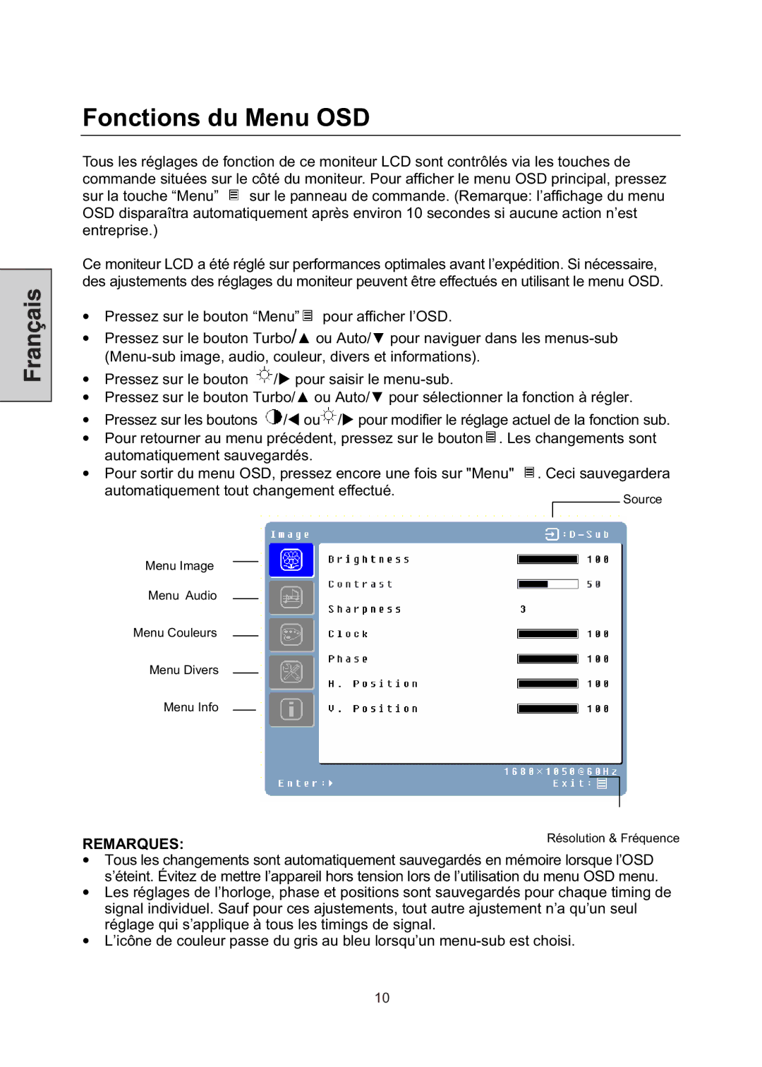 Westinghouse LCM-22W3 manual Fonctions du Menu OSD 