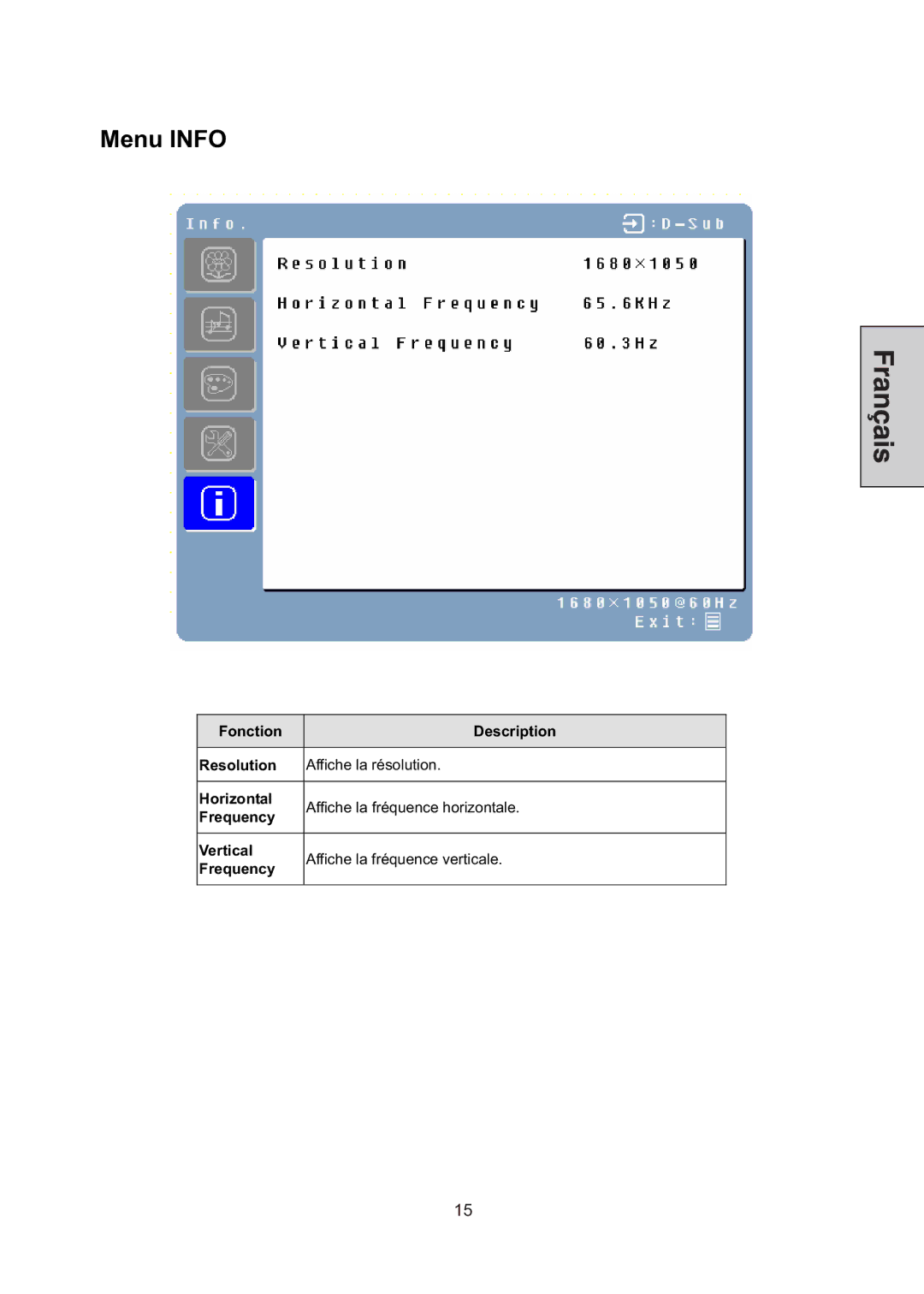 Westinghouse LCM-22W3 manual Menu Info 