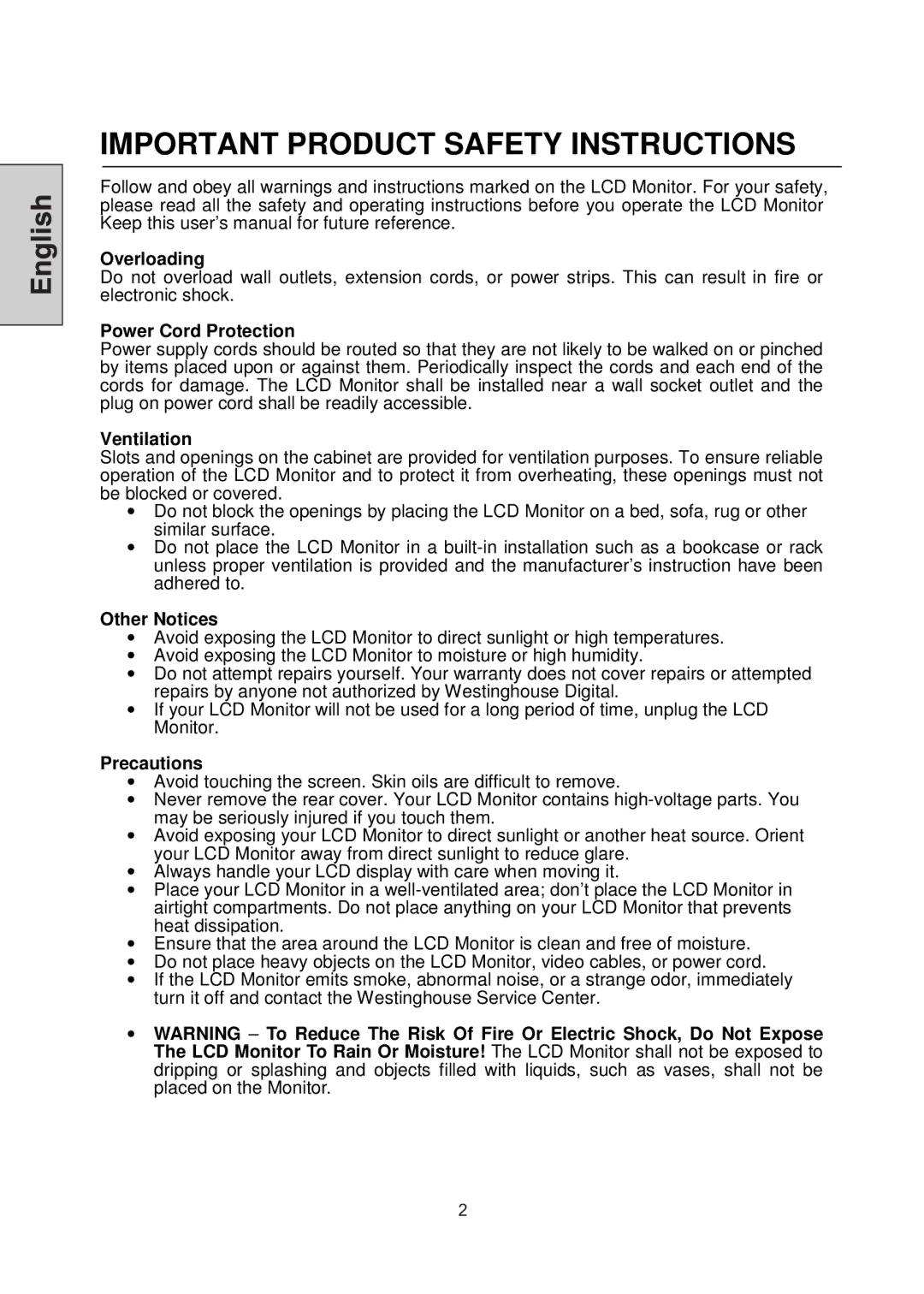 Westinghouse LCM-22W3 manual Important Product Safety Instructions 