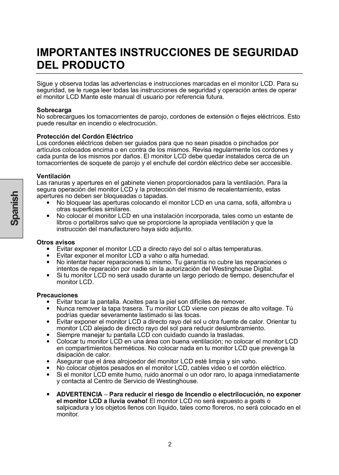 Westinghouse LCM-22W3 manual Importantes Instrucciones DE Seguridad DEL Producto 