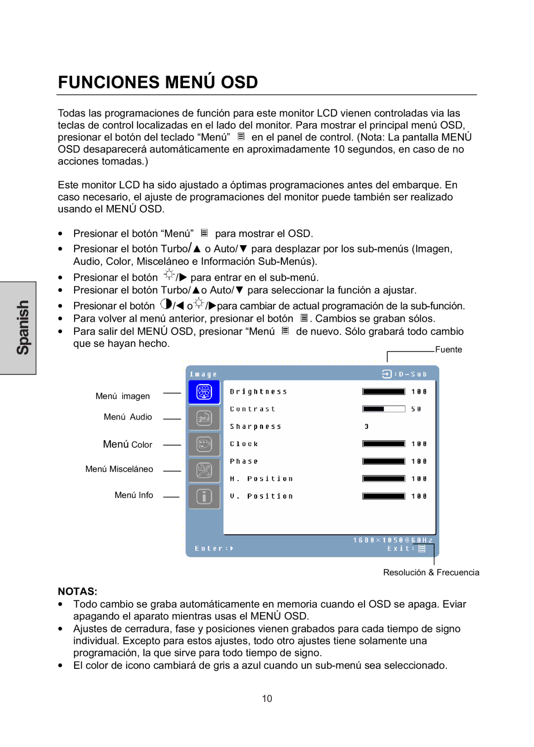 Westinghouse LCM-22W3 manual Funciones Menú OSD, Notas 