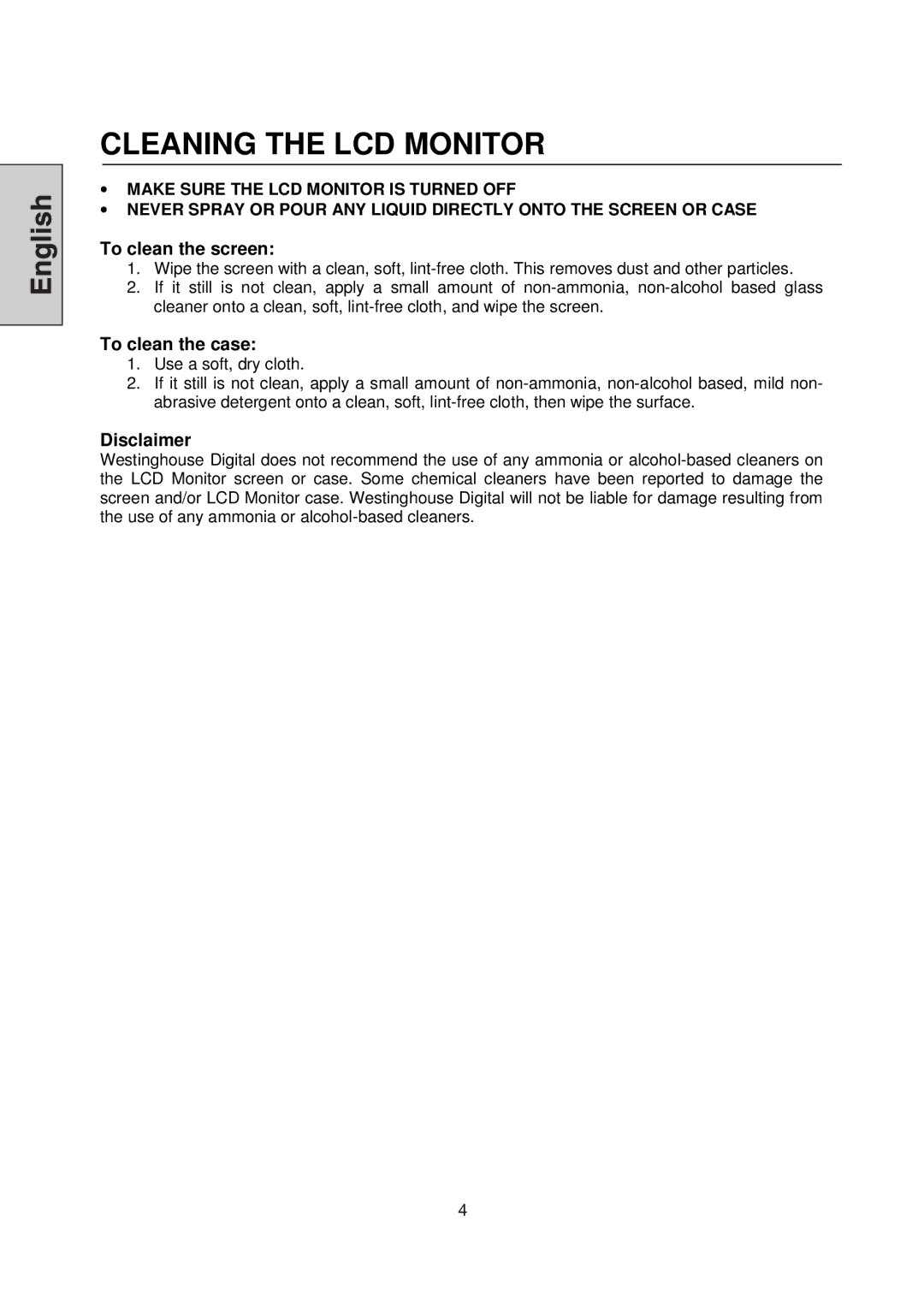 Westinghouse LCM-22W3 manual Cleaning the LCD Monitor 
