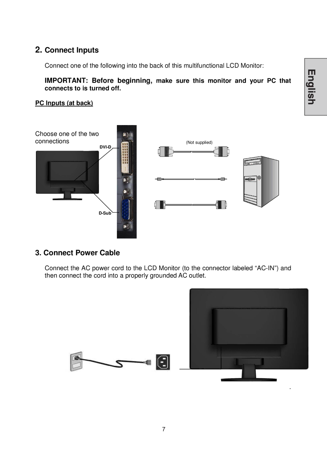 Westinghouse LCM-22W3 manual Connect Inputs, Connect Power Cable 