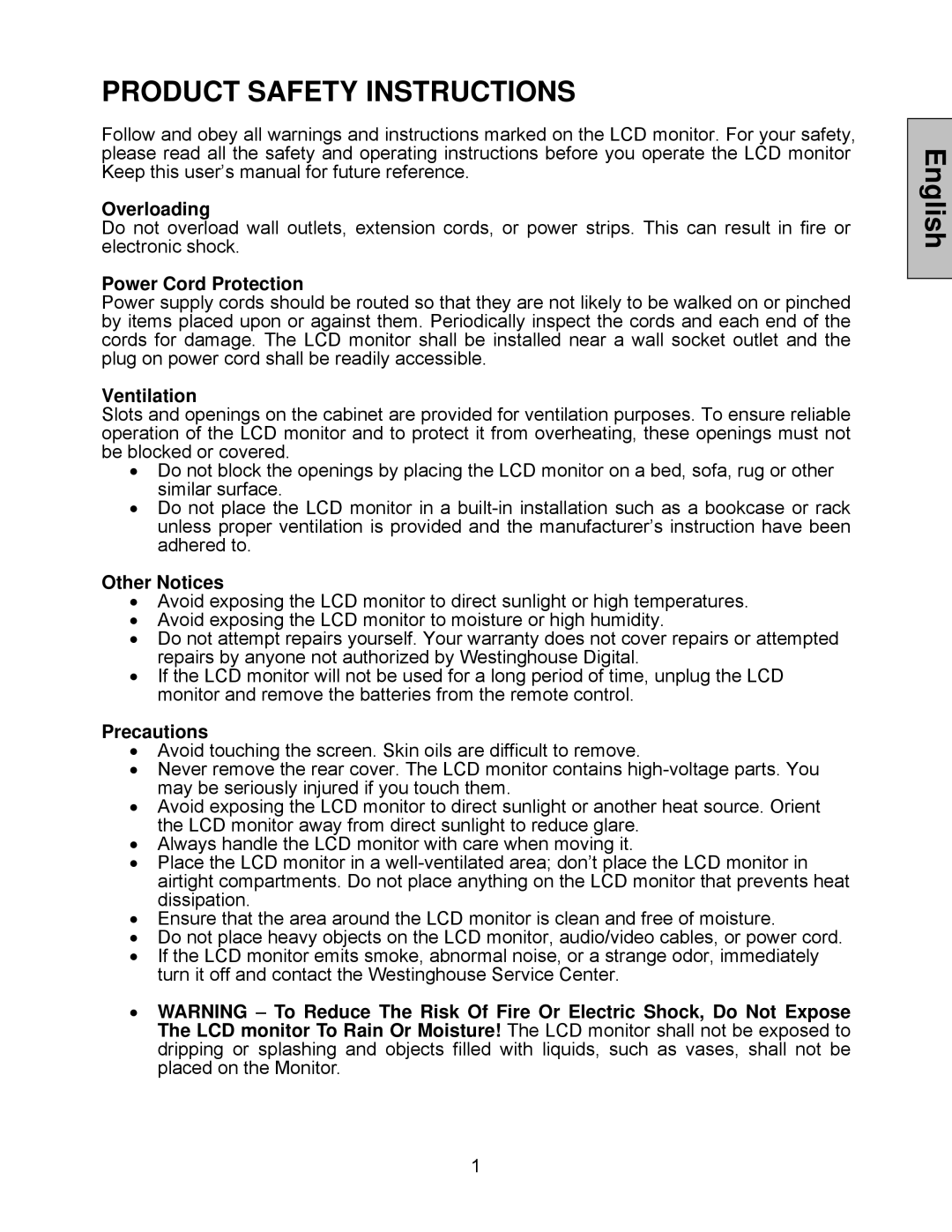 Westinghouse LCM-27w4 manual Product Safety Instructions 